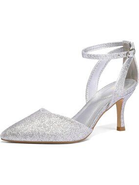 Women's Sliver Glitter Closed Toe Kitten Heels Comfortable Pumps Dressy Shoes